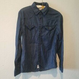 Guess Women's Long Sleeves Button Down Western Top Cotton Denim Blue Size Medium